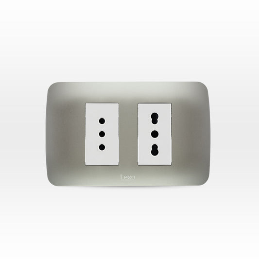 TOMA CORRIENTE DOBLE 10A MAS 10/16A 250V BLANCO ARMADO PLATA